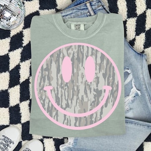 Camo Smiley Face Comfort Colors Shirt, Pink Smiley Tee, Southern Graphic Tee, DTG Printed Shirt, Trendy Country Tee image 2