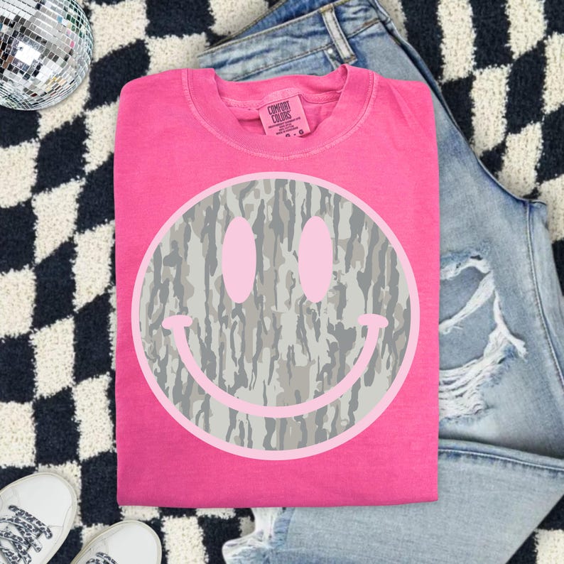 Camo Smiley Face Comfort Colors Shirt, Pink Smiley Tee, Southern Graphic Tee, DTG Printed Shirt, Trendy Country Tee image 7