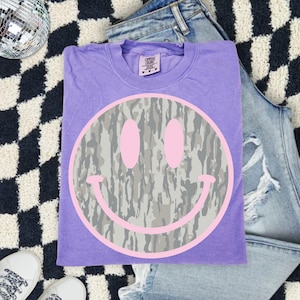 Camo Smiley Face Comfort Colors Shirt, Pink Smiley Tee, Southern Graphic Tee, DTG Printed Shirt, Trendy Country Tee image 15