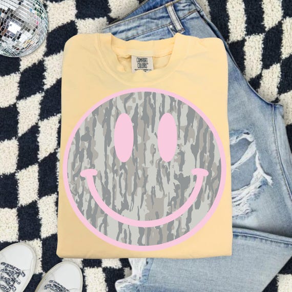 Camo Smiley Face Comfort Colors Shirt, Pink Smiley Tee, Southern Graphic Tee, DTG Printed Shirt, Trendy Country Tee