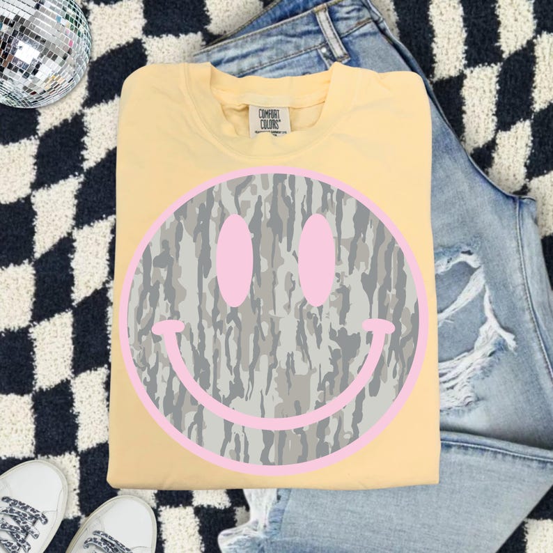 Camo Smiley Face Comfort Colors Shirt, Pink Smiley Tee, Southern Graphic Tee, DTG Printed Shirt, Trendy Country Tee image 1
