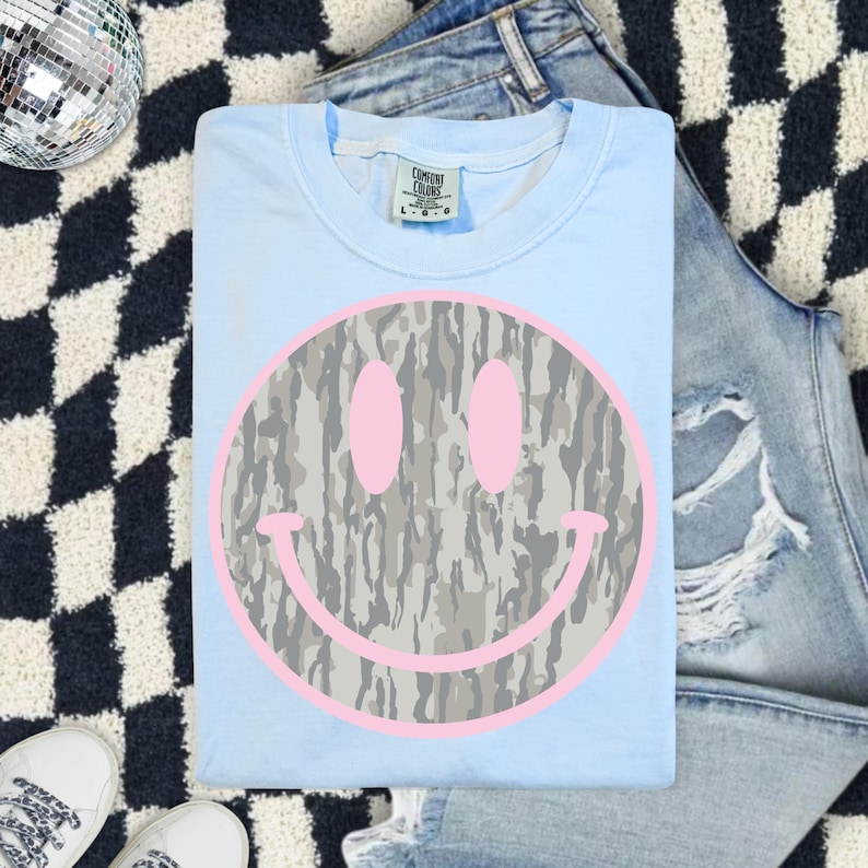 Camo Smiley Face Comfort Colors Shirt, Pink Smiley Tee, Southern Graphic Tee, DTG Printed Shirt, Trendy Country Tee image 6