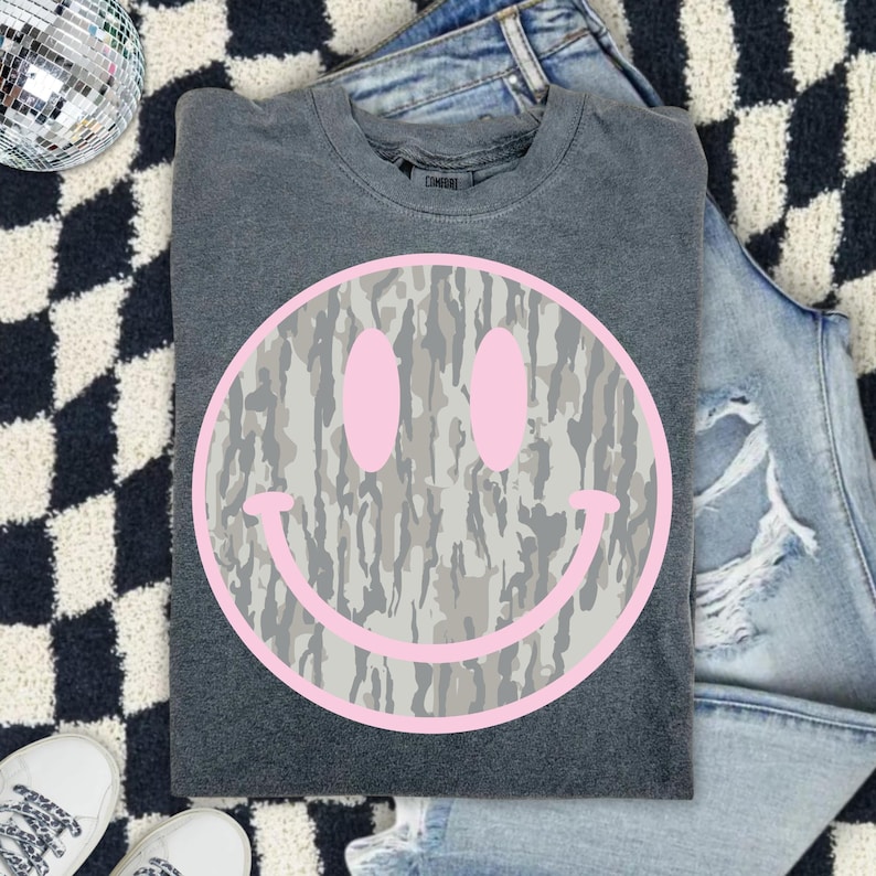 Camo Smiley Face Comfort Colors Shirt, Pink Smiley Tee, Southern Graphic Tee, DTG Printed Shirt, Trendy Country Tee image 13