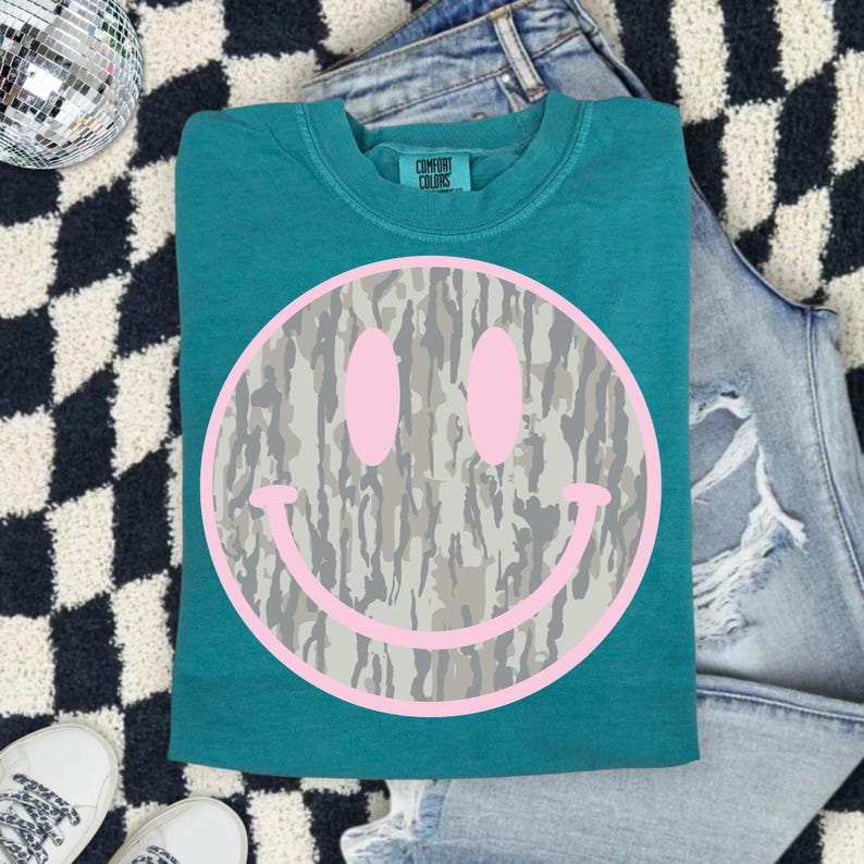 Camo Smiley Face Comfort Colors Shirt, Pink Smiley Tee, Southern Graphic Tee, DTG Printed Shirt, Trendy Country Tee image 8