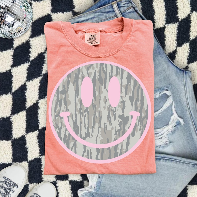 Camo Smiley Face Comfort Colors Shirt, Pink Smiley Tee, Southern Graphic Tee, DTG Printed Shirt, Trendy Country Tee image 14