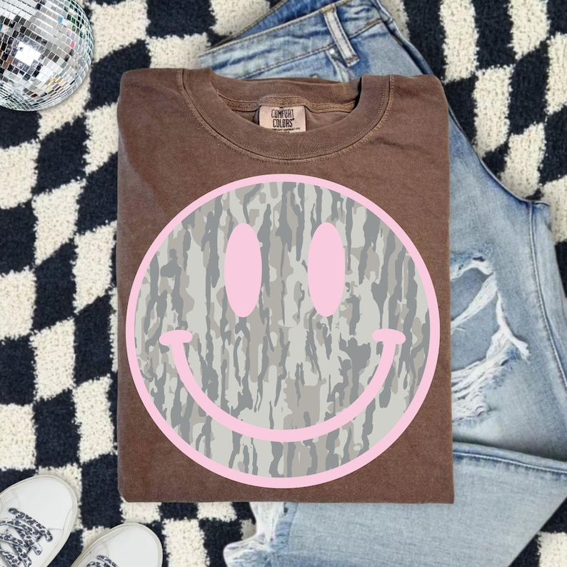 Camo Smiley Face Comfort Colors Shirt, Pink Smiley Tee, Southern Graphic Tee, DTG Printed Shirt, Trendy Country Tee image 9
