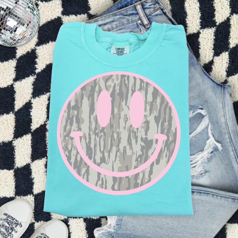 Camo Smiley Face Comfort Colors Shirt, Pink Smiley Tee, Southern Graphic Tee, DTG Printed Shirt, Trendy Country Tee image 5