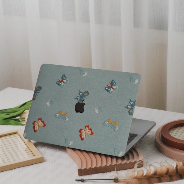 Blue Butterfly Embroidery leather Case macbook air 13m3 mac pro13/14/16 macbook  m1/m2/m3 macbook air15 macbook touch bar 13Case