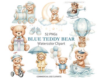 Puede incluir: Conjunto de imágenes prediseñadas de acuarela con osos de peluche azules y beige en varias escenas. Incluye un tren, un globo aerostático, un barco y un oso con un regalo. El texto dice "BLUE TEDDY BEAR Watercolor Clipart".