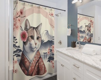 Asian Cat and Mountain Shower Curtain, Peaceful, Bathroom Curtain, Bathroom Décor