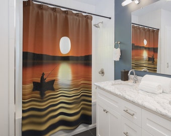 Fishing man at sunset on boat Shower Curtain, Oranges, Bathroom Curtain, Bathroom Décor