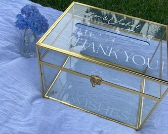 Personalized Gold Glass Wedding Card Box: Cards and Well Wishes