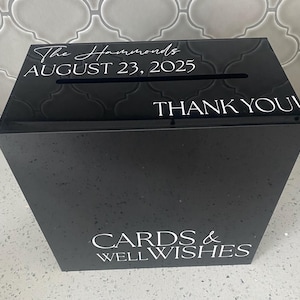 Personalized Black and White Card Box for Wedding Reception, Cards and Well Wishes, Acrylic Cardbox with Last Name and Date