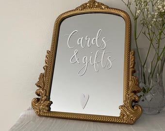 Gold Cards and Gifts Mirror Sign for Weddings, Gold Mirror Sign with Stand, Vintage Style Mirror Sign for Wedding Cards and Gifts Table