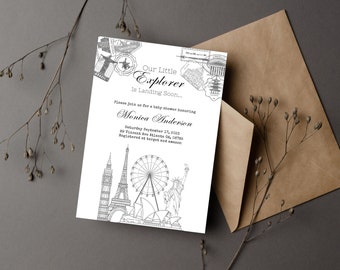 Travel Baby Shower Invitation, Explorer Theme, Editable Passport Invite (Digital Download)