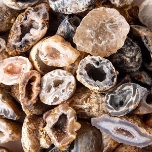 May include: A collection of various geodes, showcasing a range of colors from beige and brown to gray and white. Many geodes are cut open, revealing sparkling crystal formations inside. The rough, textured exteriors contrast with the smooth, crystalline interiors.
