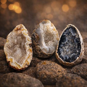 Puede incluir: Tres geodas abiertas con interiores de cristal se exhiben sobre un lecho de pequeñas rocas. Las geodas tienen un exterior rugoso y texturizado con variados colores marrón, beige y gris. Los interiores brillan con formaciones de cristal en tonos blanco, gris y negro.