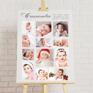 Modello di collage fotografico del primo anno del bambino Tabellone delle tappe fondamentali del bambino Poster del primo anno del bambino Cartello del collage fotografico del bambino Poster del primo compleanno