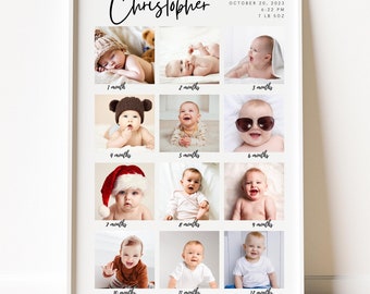May include: A white framed poster with a collage of photos of a baby boy from 1 to 12 months old. The poster is titled "Christopher" and includes the date "October 20, 2023" and the time "6:22 PM" along with the baby's weight "7 lb 8 oz".