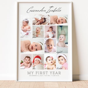 Modello di collage fotografico del primo anno del bambino Tabellone delle tappe fondamentali del bambino Poster del primo anno del bambino Cartello del collage fotografico del bambino Poster del primo compleanno