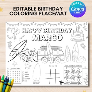 Surf Birthday Activity Page Surfing Party Coloring Page Editable Party Placemat Surfing Coloring placemat Surfing Theme Activity Sheet