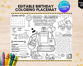 Página para colorir de aniversário de construção personalizada para impressão, jogo americano para colorir festa de escavadeira, folha de atividade para colorir festa temática de construção