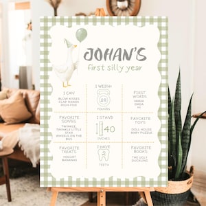 Silly Goose Milestone Board Template Green Gingham Milestone Board Baby First Year Birthday Poster One Silly goose Birthday Poster Boy Goose