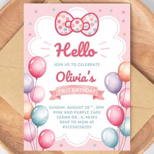 May include: Pink and white first birthday invitation with a bow, balloons, and the text "Hello, Join us to celebrate Olivia's First Birthday". Includes date, time, location, and RSVP information.