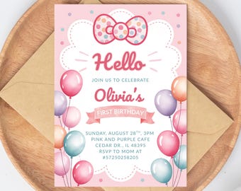 Puede incluir: Invitación rosa para primer cumpleaños con lazo, globos y el texto "Hola, únete a nosotros para celebrar el primer cumpleaños de Olivia". Incluye fecha, hora, lugar e información RSVP.