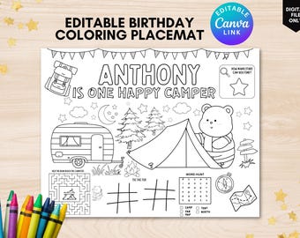 One happy camper coloring placemat happy camper birthday activity page editable camp coloring sheet first birthday activity coloring page