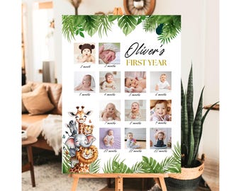 Plantilla de tablero de hitos fotográficos de safari Tablero de hitos del bebé Póster de cumpleaños del primer año del bebé Póster de cumpleaños salvaje Letrero de fiesta de safari en la jungla