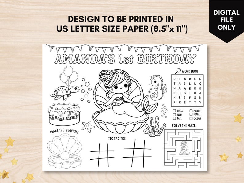 Editable Mermaid Birthday Coloring Placemat Under the Sea Party Favor ...