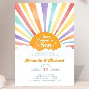Invito al baby shower "Qui arriva il figlio", modello di invito boho, biglietto d'invito boho, invito al baby shower, baby shower, sole retrò