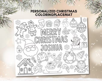 May include: A black and white coloring placemat with the text "PERSONALIZED CHRISTMAS COLORINGPLACEMAT". The placemat features Christmas-themed illustrations, including Santa Claus, a snowman, and a sleigh. The name "JOSHUA" is also included.