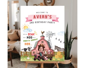 Custom Farm Birthday Party Welcome Sign Barnyard Birthday Poster Pink Girl Farm birthday Printable Poster Pink Barn Party Welcome Sign
