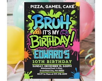 Bruh Geburtstagseinladung Neon-Geburtstag einladen Arcade-Spiel-Party einladen Neon-Party-Einladung Bruh Sie in bearbeitbar einladen Gamer-Party einladen