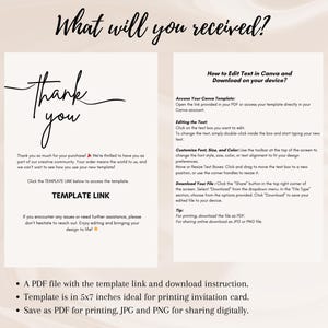 May include: A digital download with instructions for editing text in Canva. The image includes a "Thank You" card design, a template link, and details on accessing and customizing the template. The template is 5x7 inches.