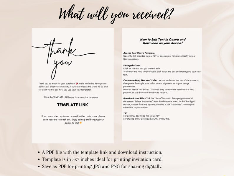 May include: A digital download with instructions for editing text in Canva. The image includes a "Thank You" card design, a template link, and details on accessing and customizing the template. The template is 5x7 inches.