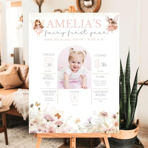 Modèle modifiable pour le premier anniversaire des fées, affiche d'étape importante de la fée enchantée, décoration de fête des fées des jardins, affiche d'anniversaire de la fée bohème