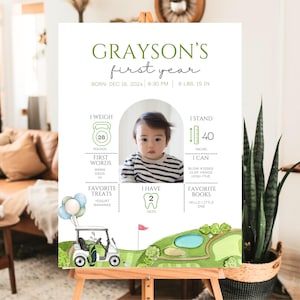 Hole in One Milestone Poster Editable Template Golf Birthday Party Sign My first year Board Birthday Poster 1st Golf Milestone Board Golf