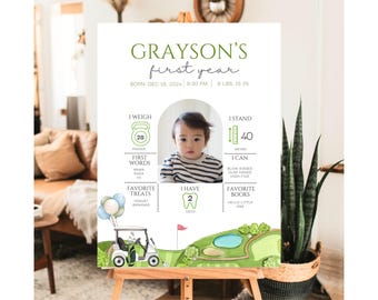 Hole in One Milestone Poster Editable Template Golf Birthday Party Sign My first year Board Birthday Poster 1st Golf Milestone Board Golf