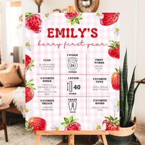 Plantilla de póster de hito de primer cumpleaños de Berry Tablero de hitos de cumpleaños de fresa Póster imprimible de primer cumpleaños de Berry Fiesta de fresas