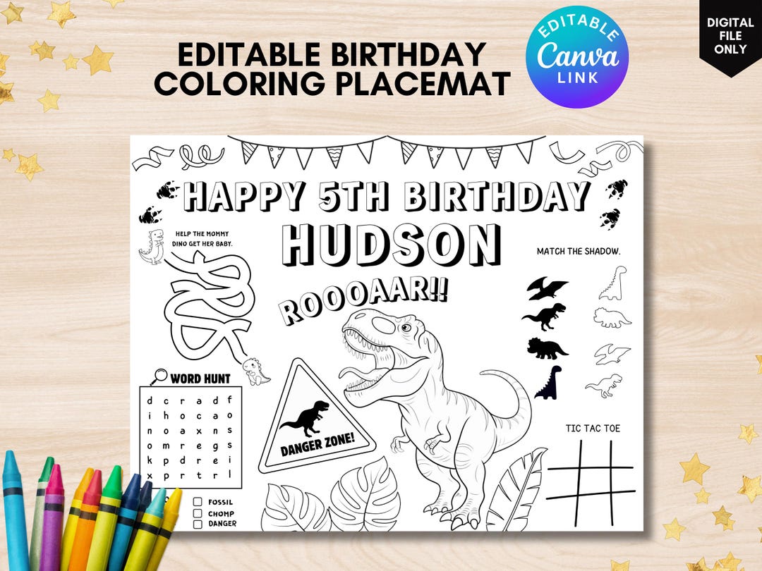 Editable Dinosaur Birthday Coloring Placemat Dinosaur Activity Page ...