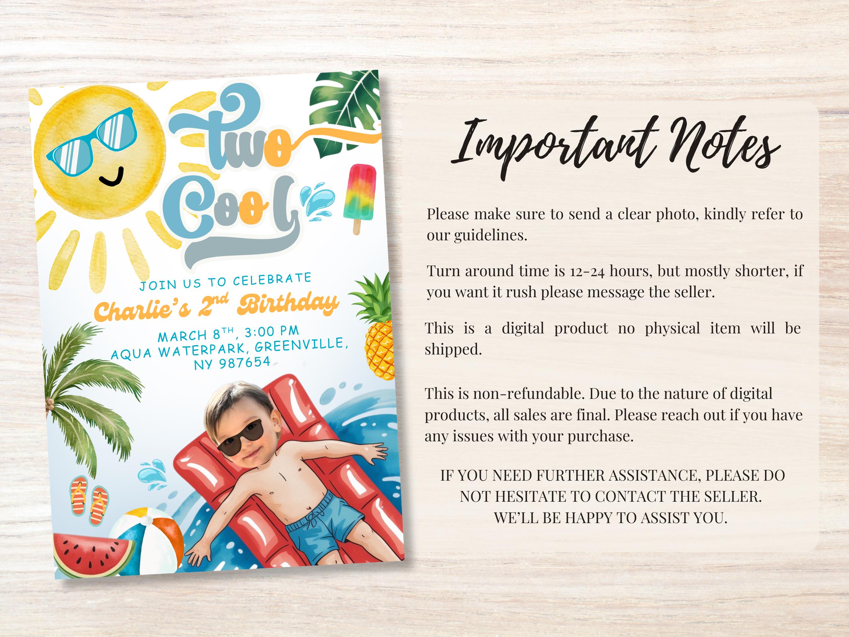 Invited Cool Two Cool Invitation Summer Birthday Invite Pool Party Printable ...