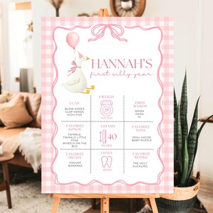 Silly Goose Milestone Board Template Pink Gingham Milestone Board Baby First Year Birthday Poster One Silly goose Birthday Poster Girl Goose