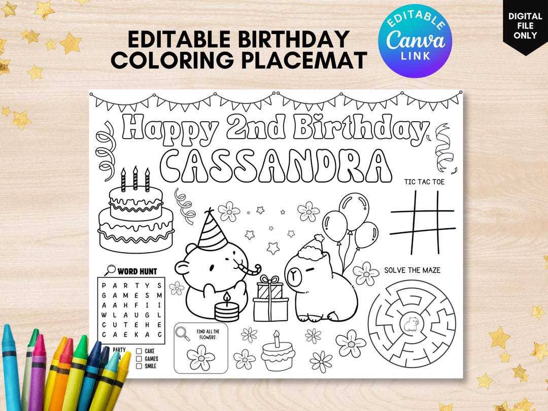 Capybara Birthday Coloring Activity Page Editable Capybara Coloring ...