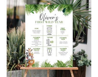 Plantilla de tablero de hitos de safari Tablero de hitos de bebé Póster de cumpleaños del primer año del bebé Póster de cumpleaños salvaje Letrero de fiesta de safari en la jungla