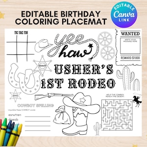 Pagina da colorare personalizzata per il compleanno del rodeo, tovaglietta da colorare personalizzata per cowboy, tema cowboy, foglio di attività per colorare il compleanno del cowboy