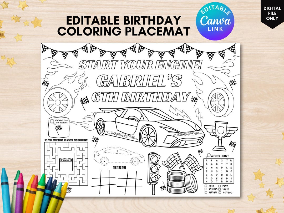Colorable Racing Signs Editable Wheels Colorable Placemat Hot Cars Coloring Page Printable Hot ...