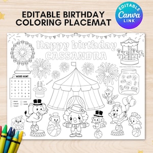 Mantel individual para colorear de cumpleaños de carnaval: Actividad de circo editable (Descarga digital)